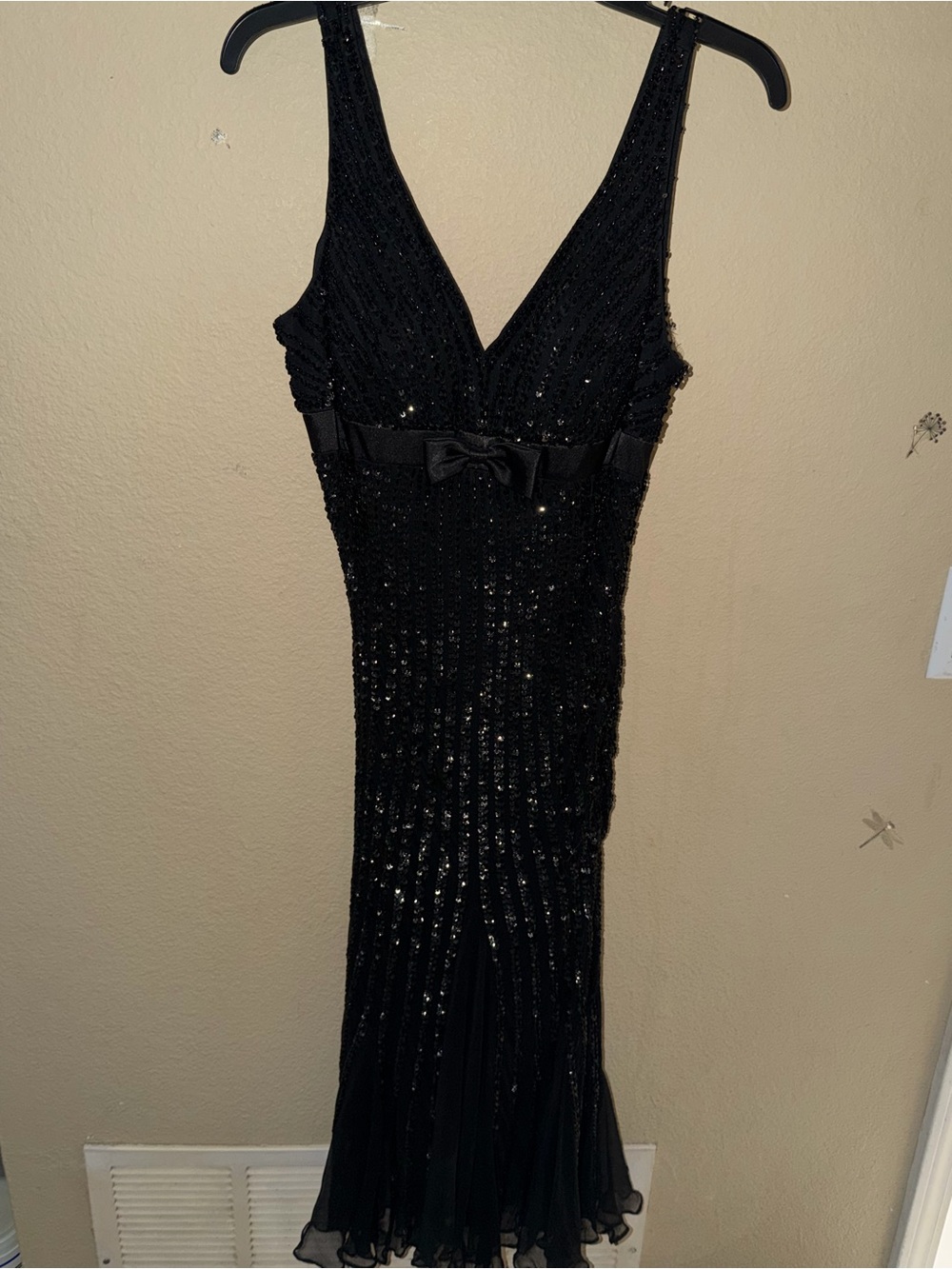 Pronovias Black Sequin Midi Dress with Waist Bow
